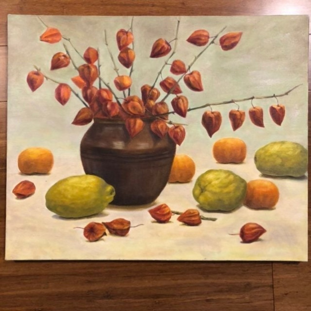 Unique Still-Life Painting: Persimmons, Chinese Quince, and Ground Cherries - Picture 1 of 5